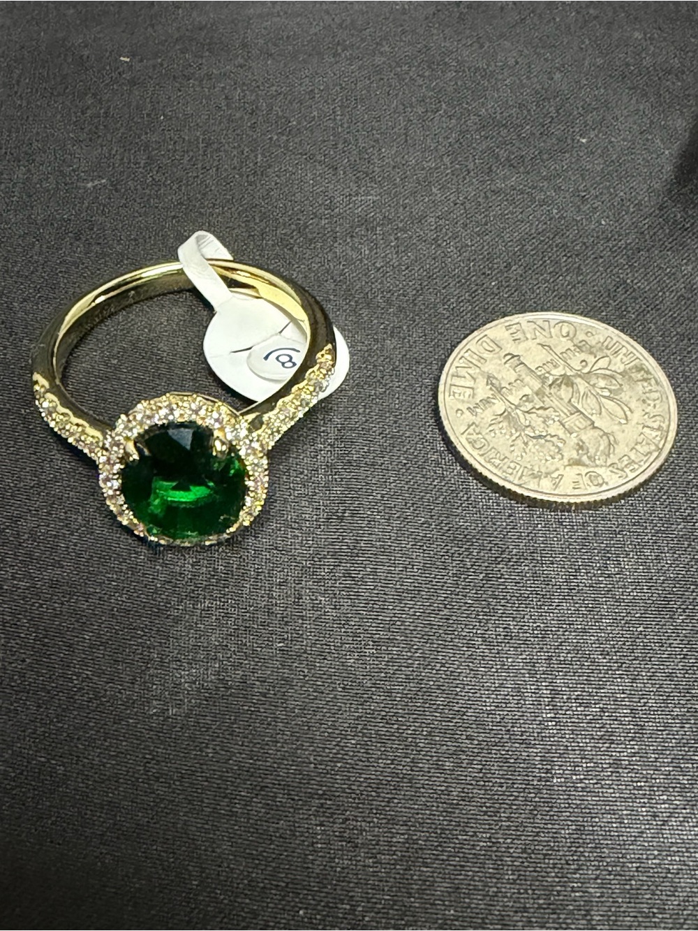 Gold-Tone Ring with Emerald Green Center and Pavé Halo